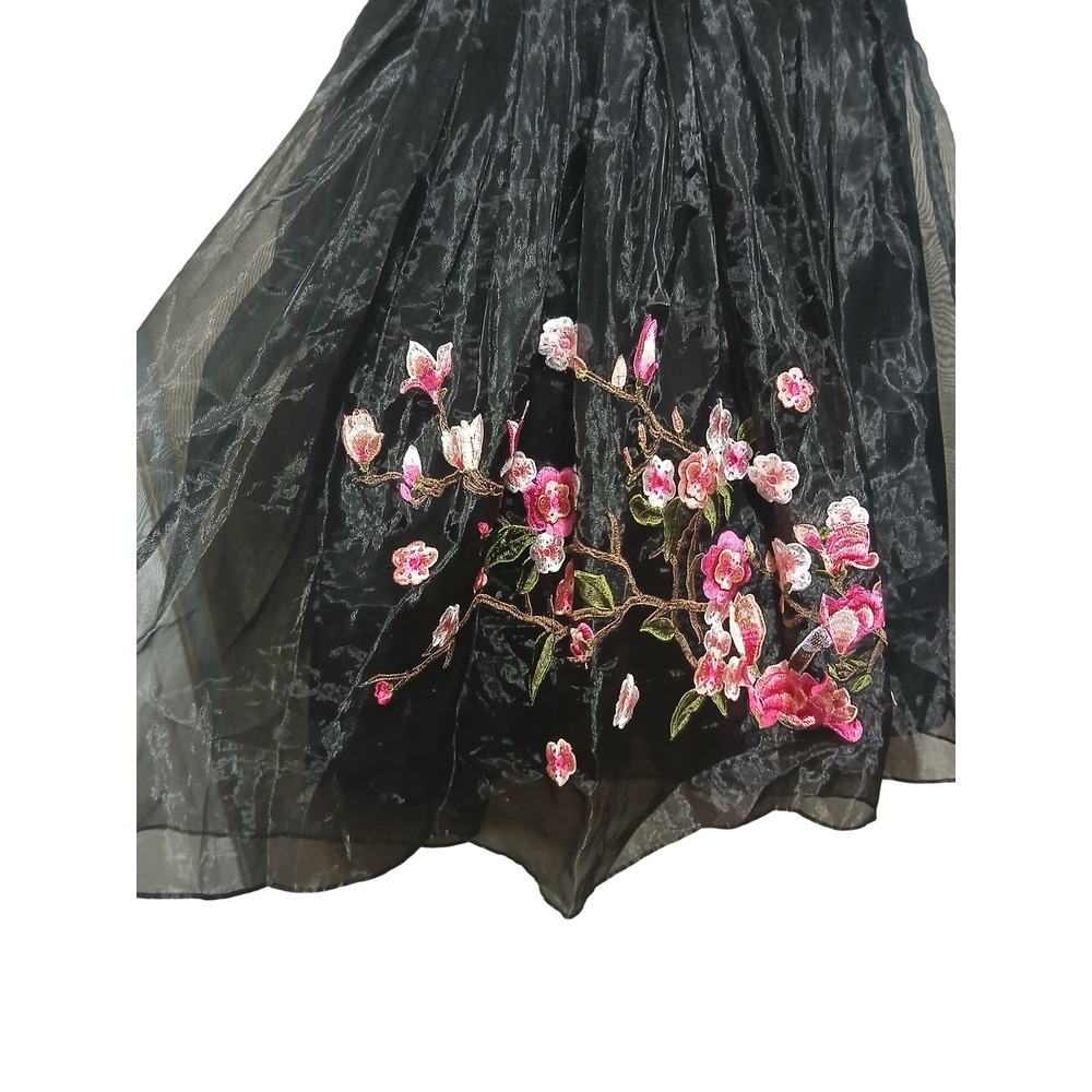 With The Win Black Organza Cherry Blossom Floral Embroidered Mini Dress Small - Picture 9 of 15